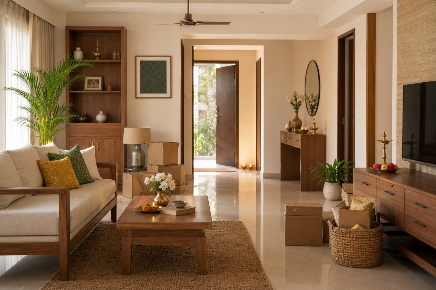 Realistic modern Indian living room prepared for housewarming