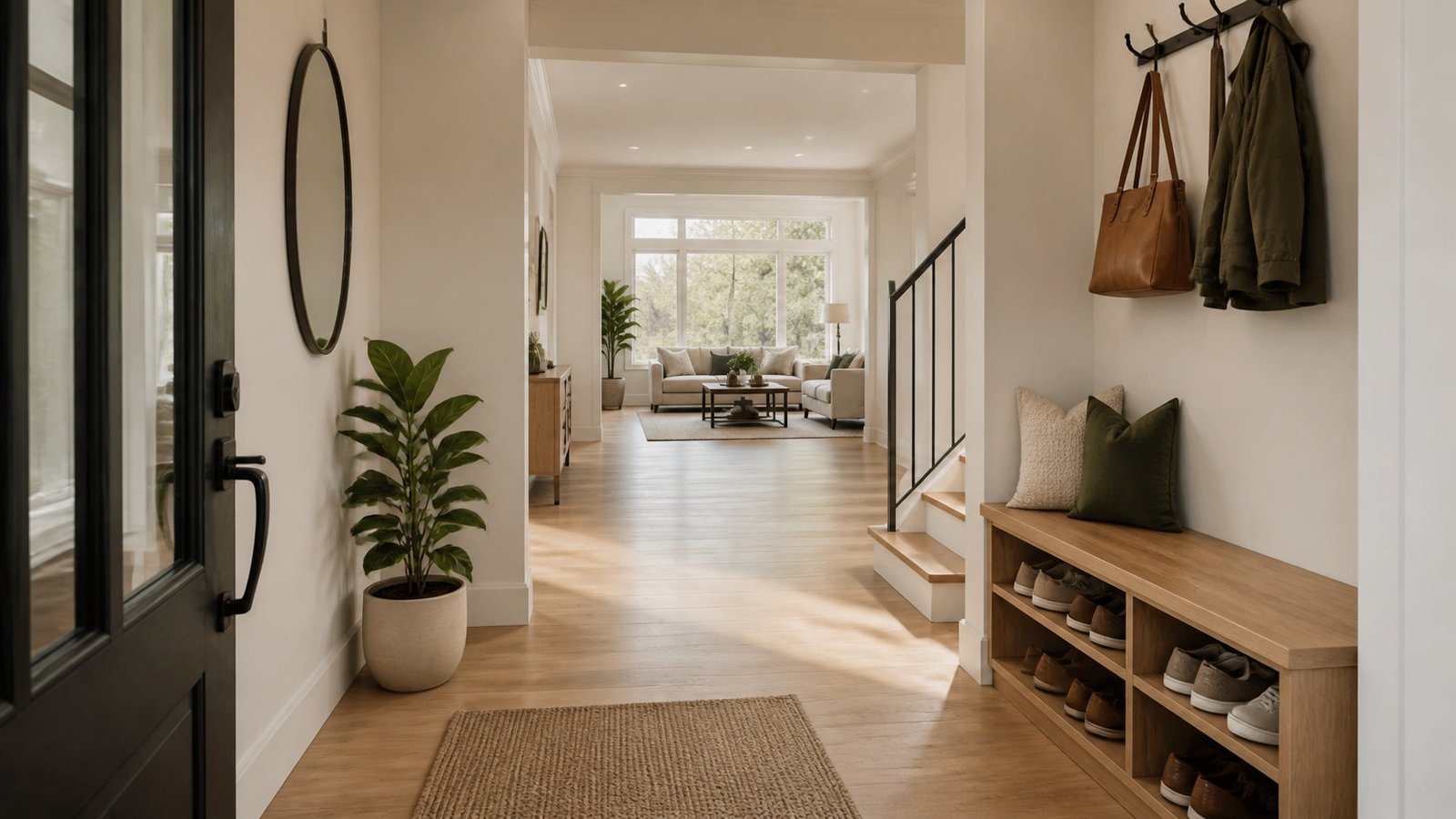 Bright international home entrance with clear hallway, shoe storage, plants and living room beyond