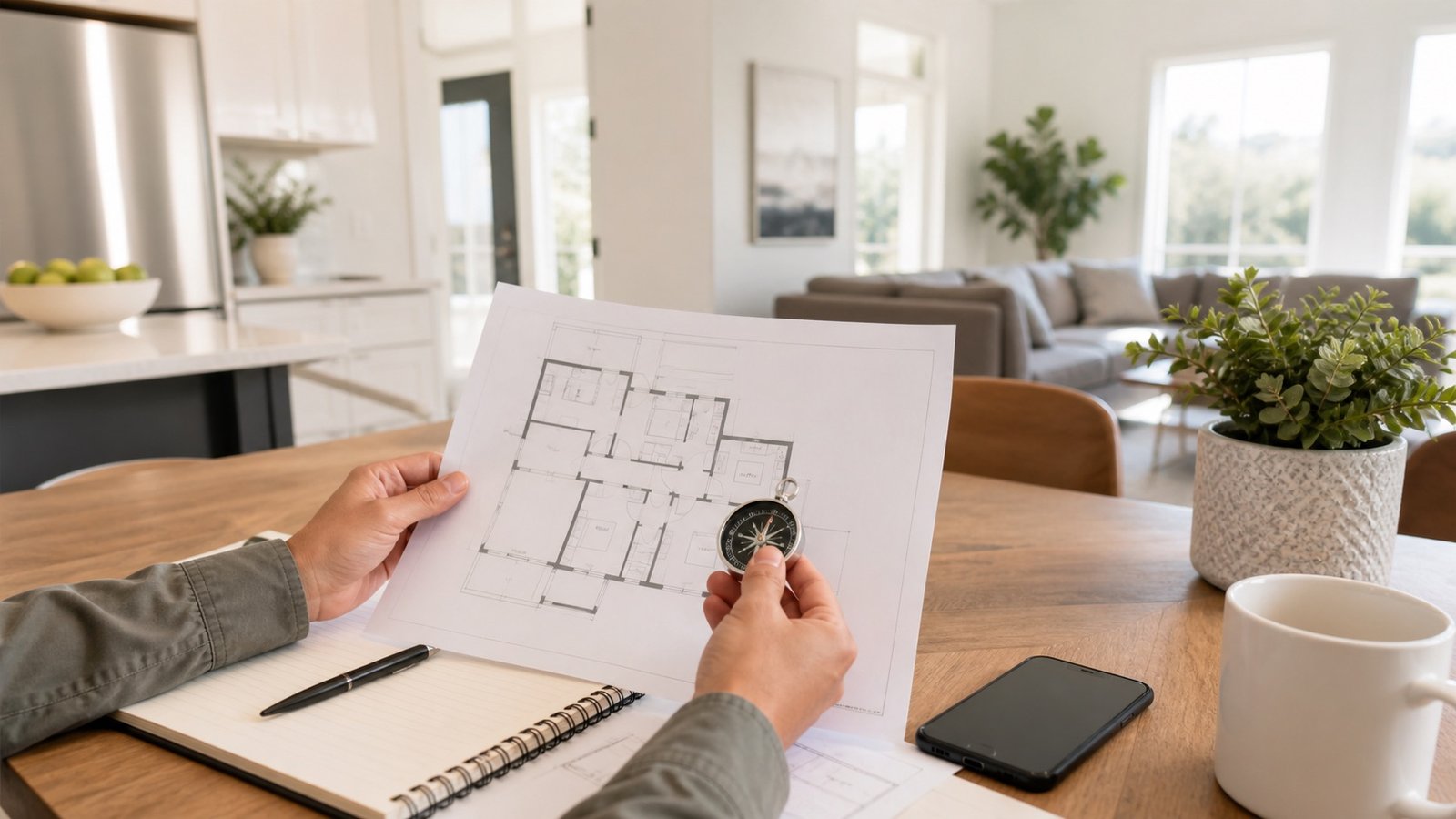 International home buyer reviewing a floor plan and compass inside a modern home