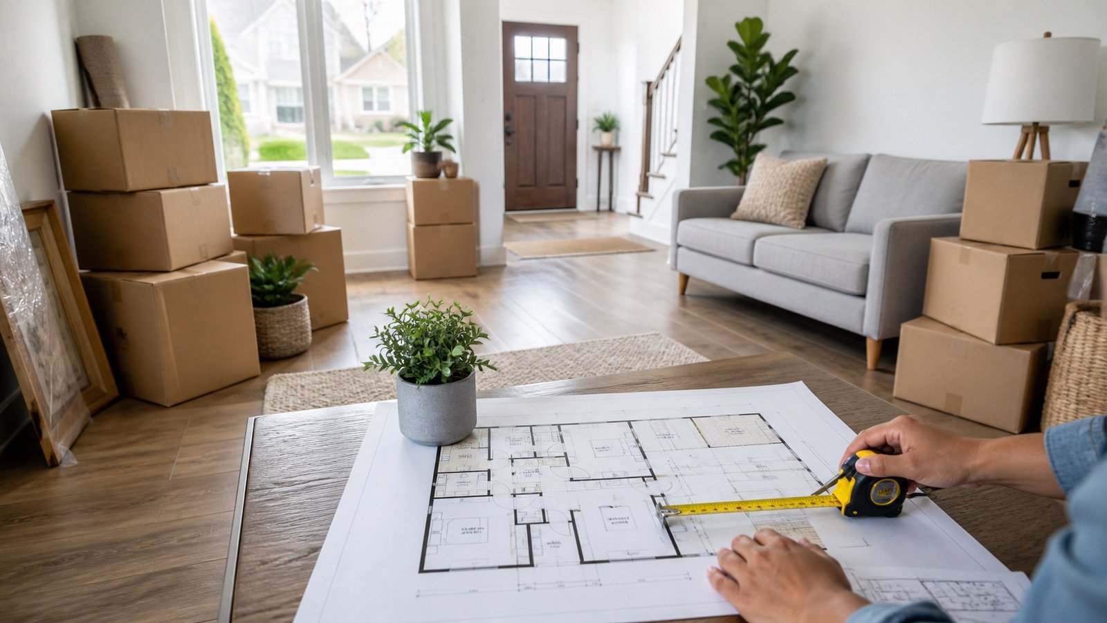 Relocation move-in planning scene with moving boxes floor plan measuring tape and a bright USA home entry
