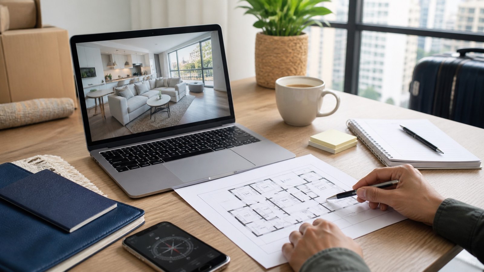International relocation home buyer reviewing a remote property tour floor plan and phone compass before moving abroad