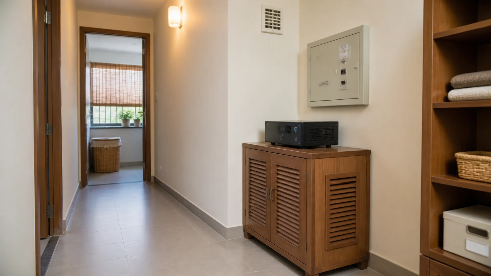 Realistic Indian apartment passage with ventilated inverter cabinet, dry floor, hidden cables and clear walkway