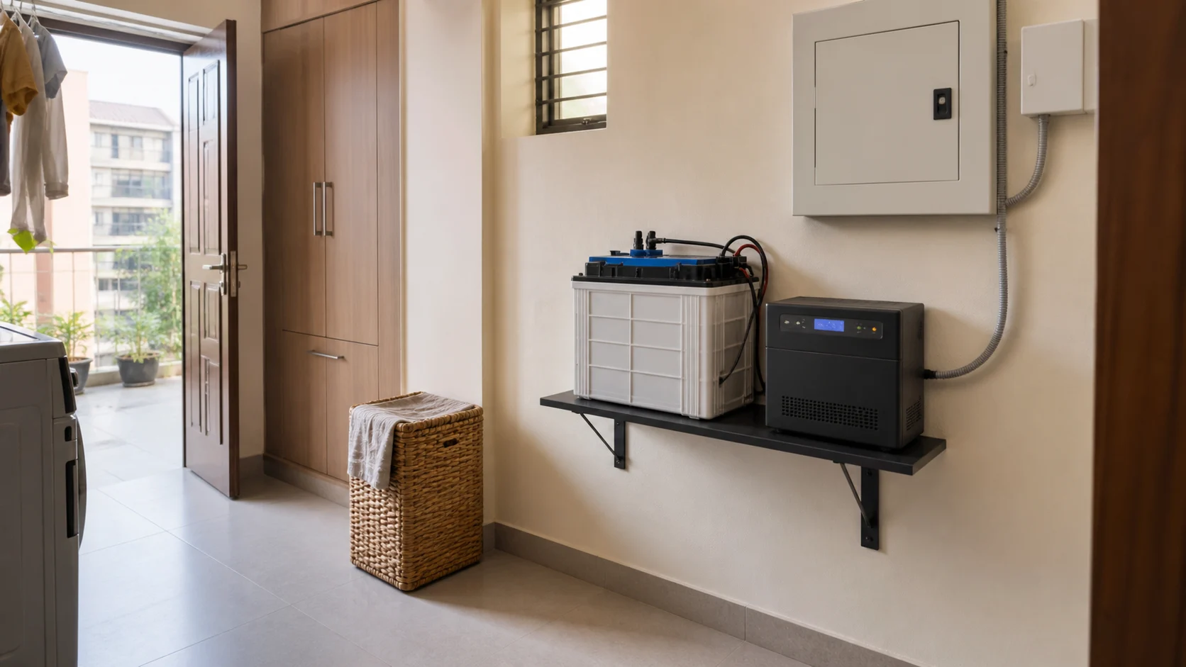 Realistic Indian apartment utility corner with inverter battery backup placed on a dry ventilated side wall away from water sources
