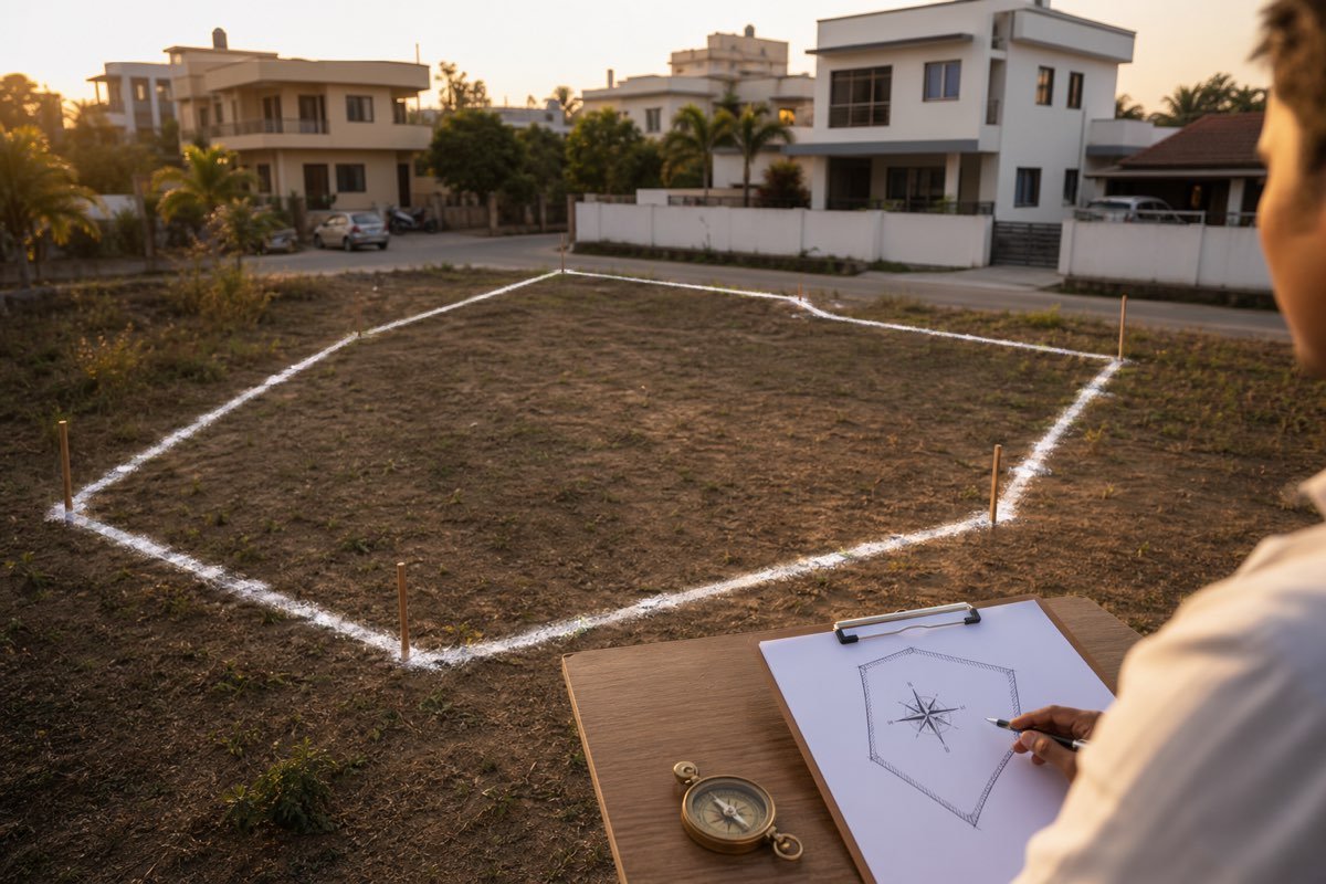 Realistic irregular Indian residential plot with boundary markers and planning compass