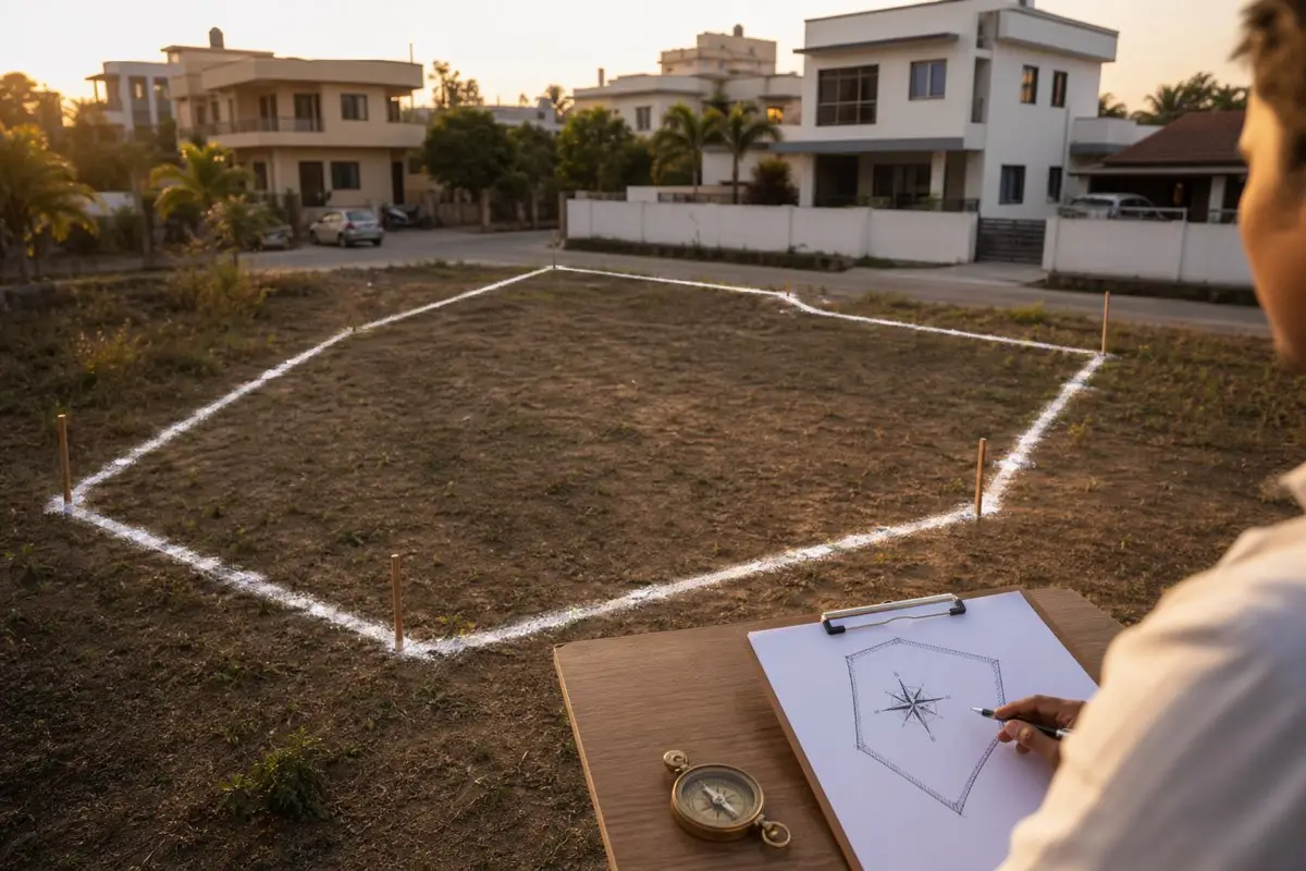 Realistic irregular Indian residential plot with boundary markers and planning compass