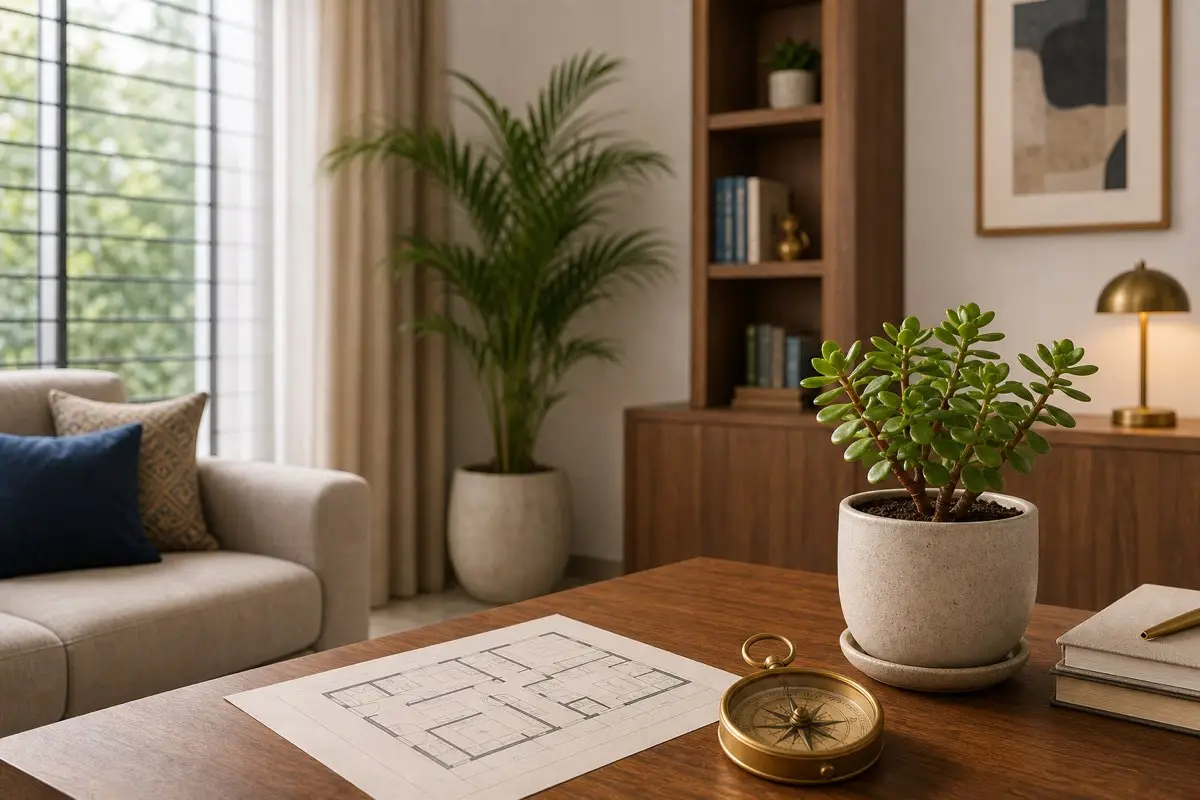 Modern Indian home office corner with jade plant on side table, floor plan and compass