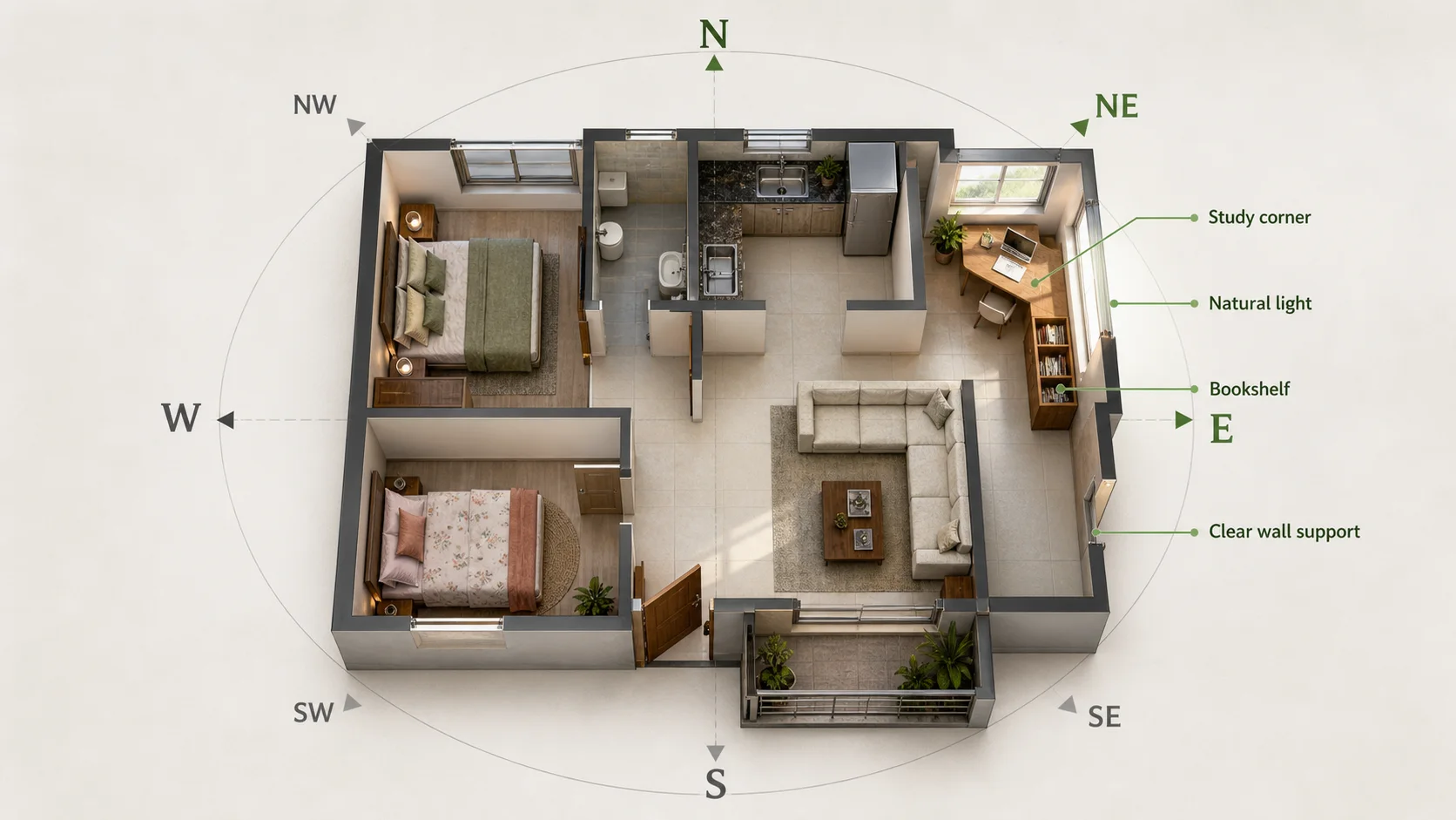 Realistic apartment floor plan showing kids study corner in East or North-East zone with bookshelf natural light and clear wall support