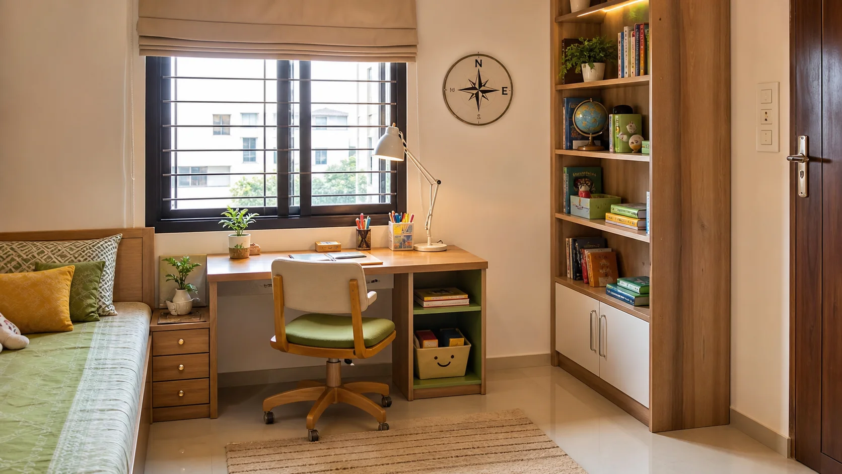 Realistic kids study corner in a small Indian apartment with desk near window bookshelf lamp and calm Vastu-friendly colours