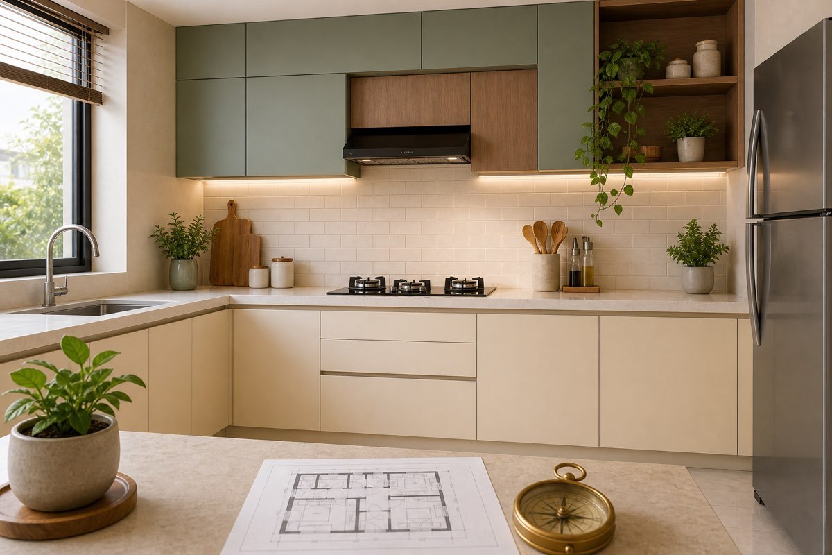 Modern Indian kitchen with cream, sage green and wood colours for Kitchen Colours Vastu guidance