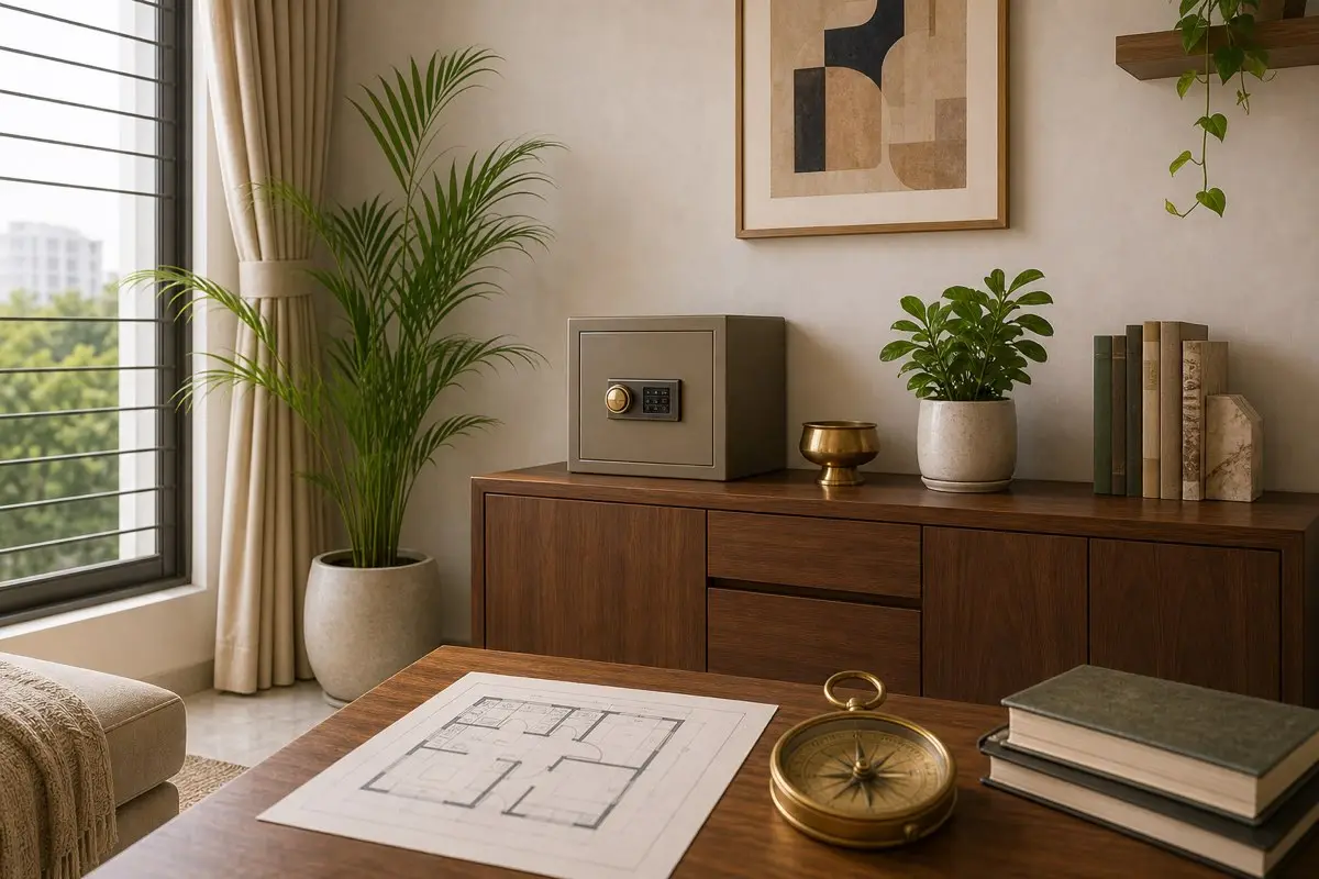 Modern Indian home north corner with console safe plant floor plan and compass