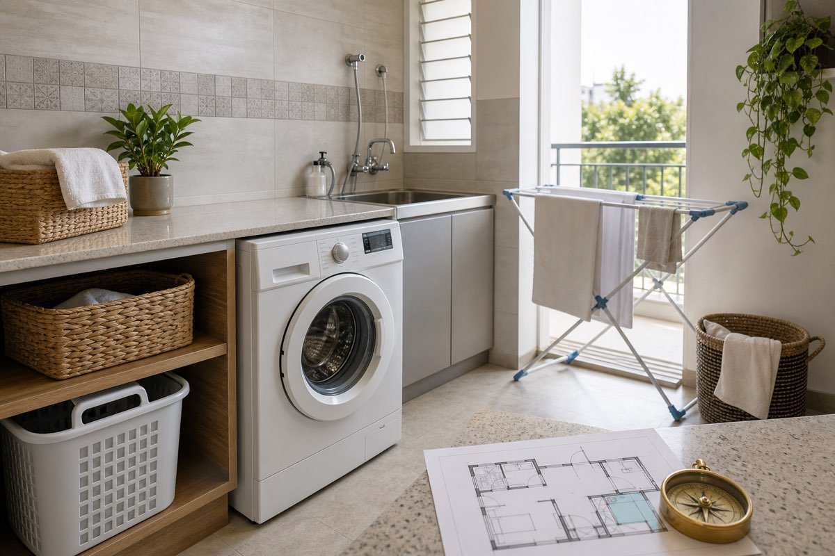 Realistic compact Indian laundry room with washing machine, sink, drying rack and compass