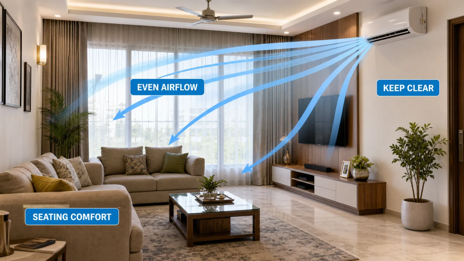Realistic Indian living room AC placement chart showing even airflow, clear space around the indoor unit and comfortable sofa seating