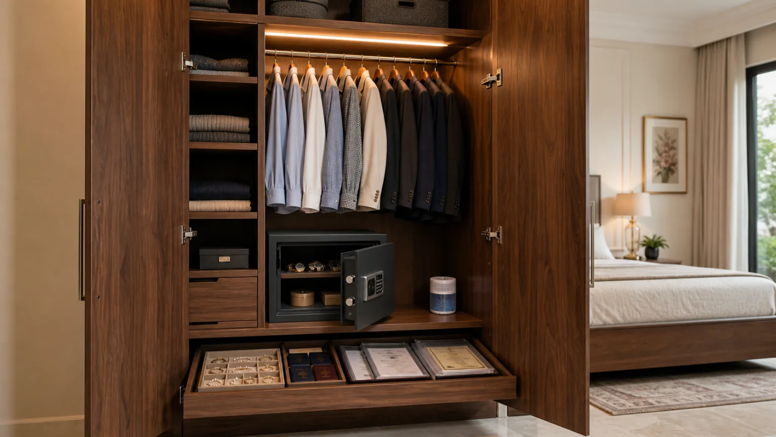 Realistic modern wardrobe containing a supported home safe with clear door opening, jewellery trays and protected documents
