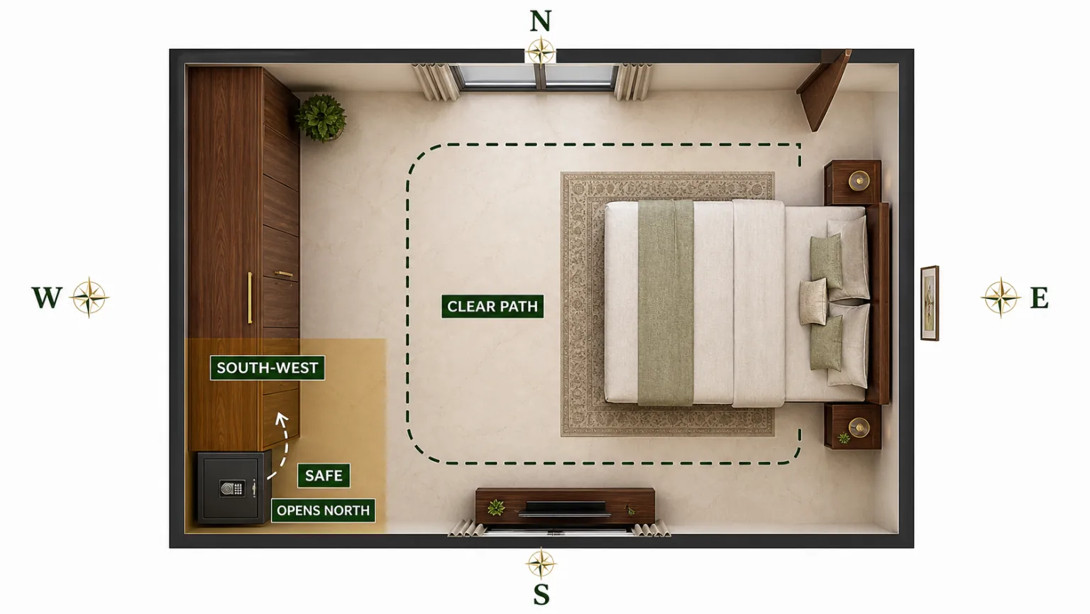 Realistic top-down master-bedroom plan showing a safe in the South-West, accurate compass directions, North-opening door and clear path