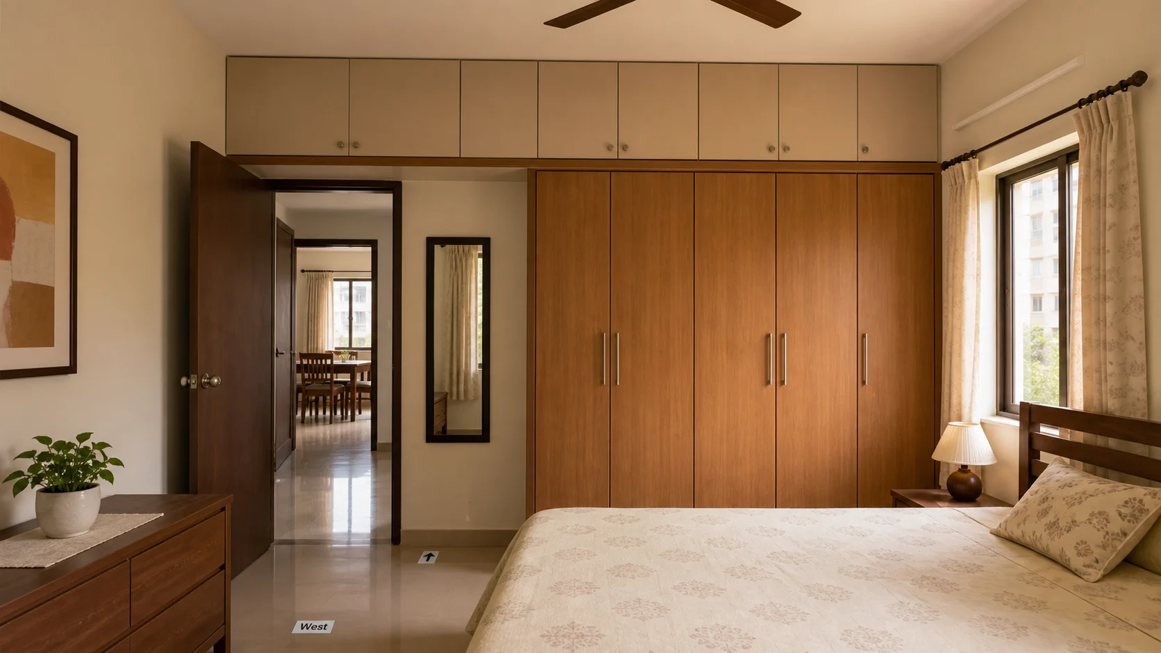 Realistic Indian apartment bedroom with closed loft storage above wardrobe side and bed kept clear from overhead cabinets