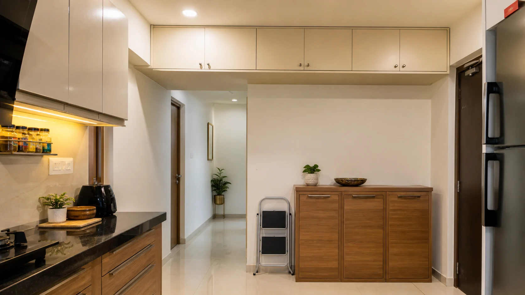 Realistic Indian apartment kitchen passage with closed overhead loft storage, clear walkway, warm lighting and step stool for safe access