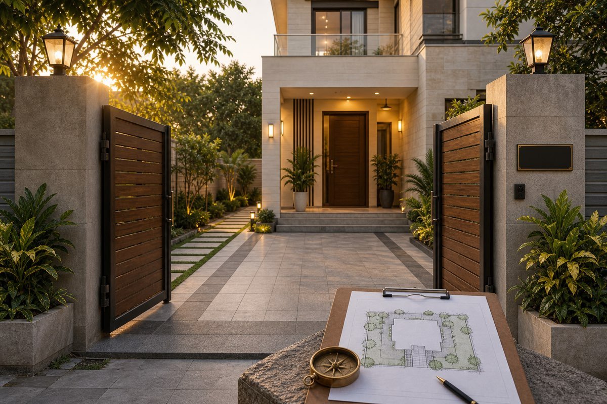 Realistic Indian house main gate with compound wall, path, garden, site plan and compass
