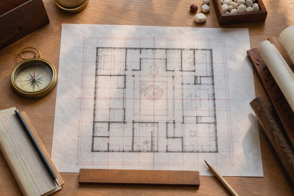Architectural floor plan with compass and Vastu Purusha Mandala grid