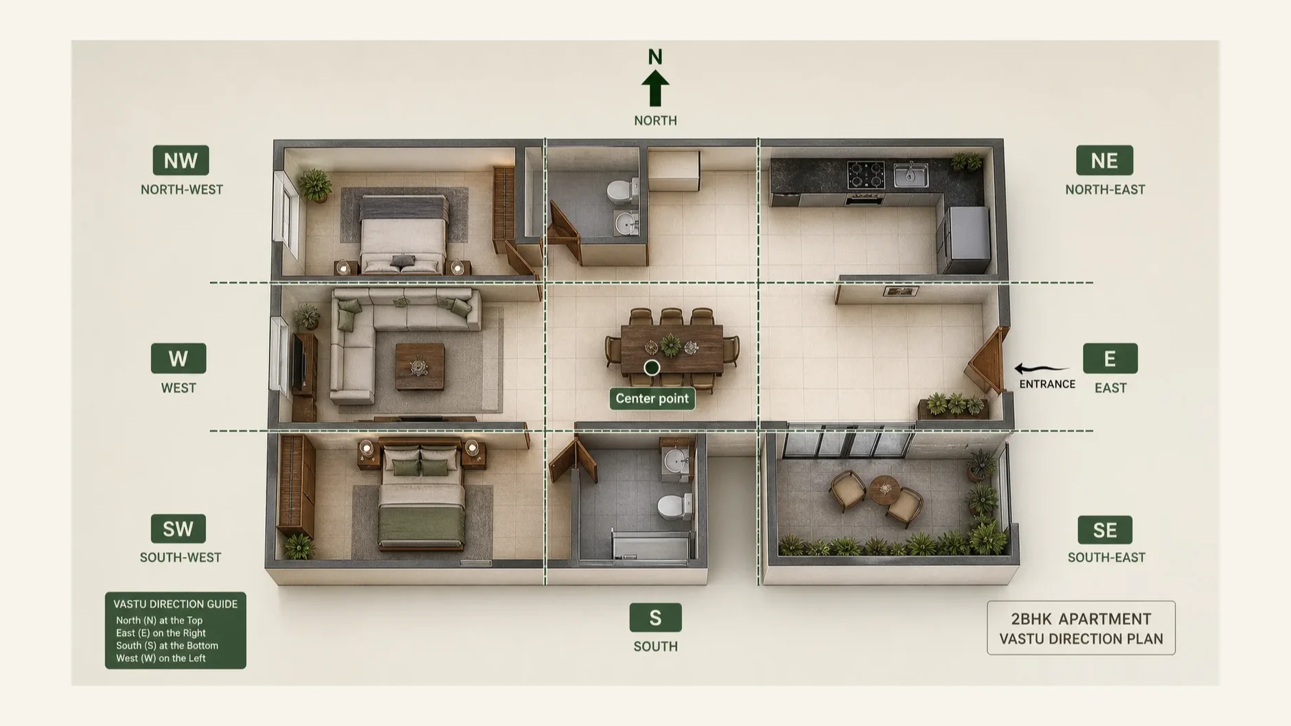 Realistic apartment floor plan direction chart with north arrow center point and eight Vastu direction zones
