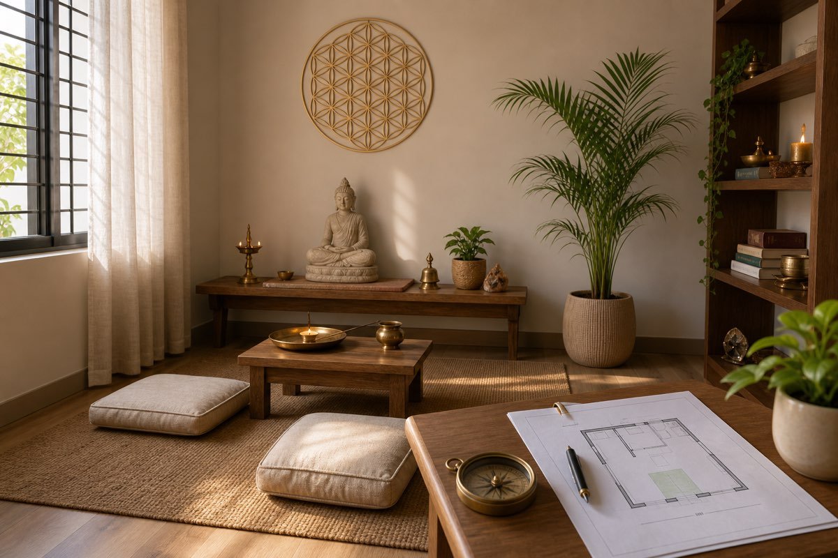 Realistic peaceful Indian meditation room with cushions, diya, floor plan and compass
