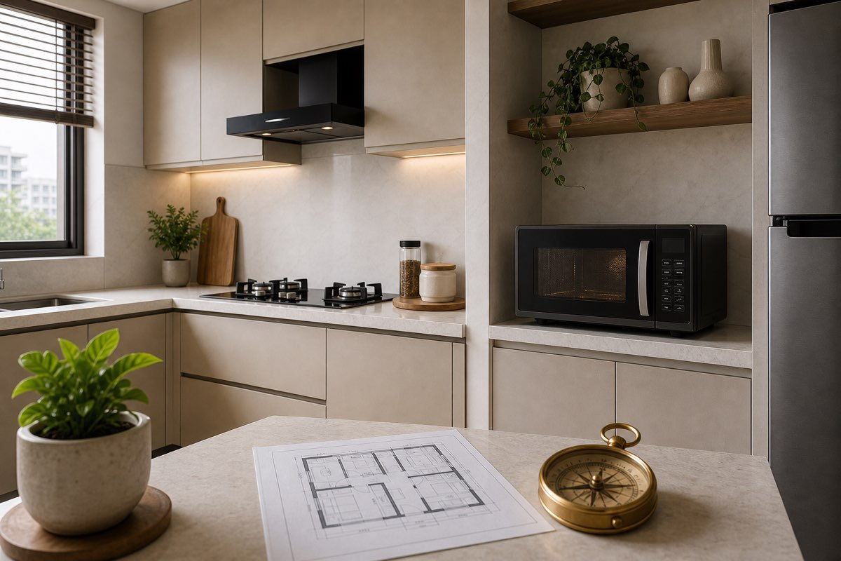 Realistic Indian modular kitchen with microwave oven, clean counter, floor plan and compass