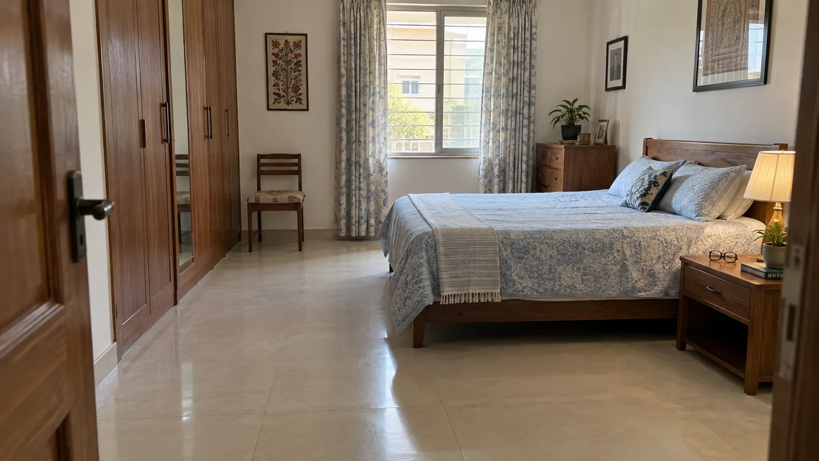 Bedroom with blue bedding, a wooden wardrobe, bedside lamp and open floor beside the bed