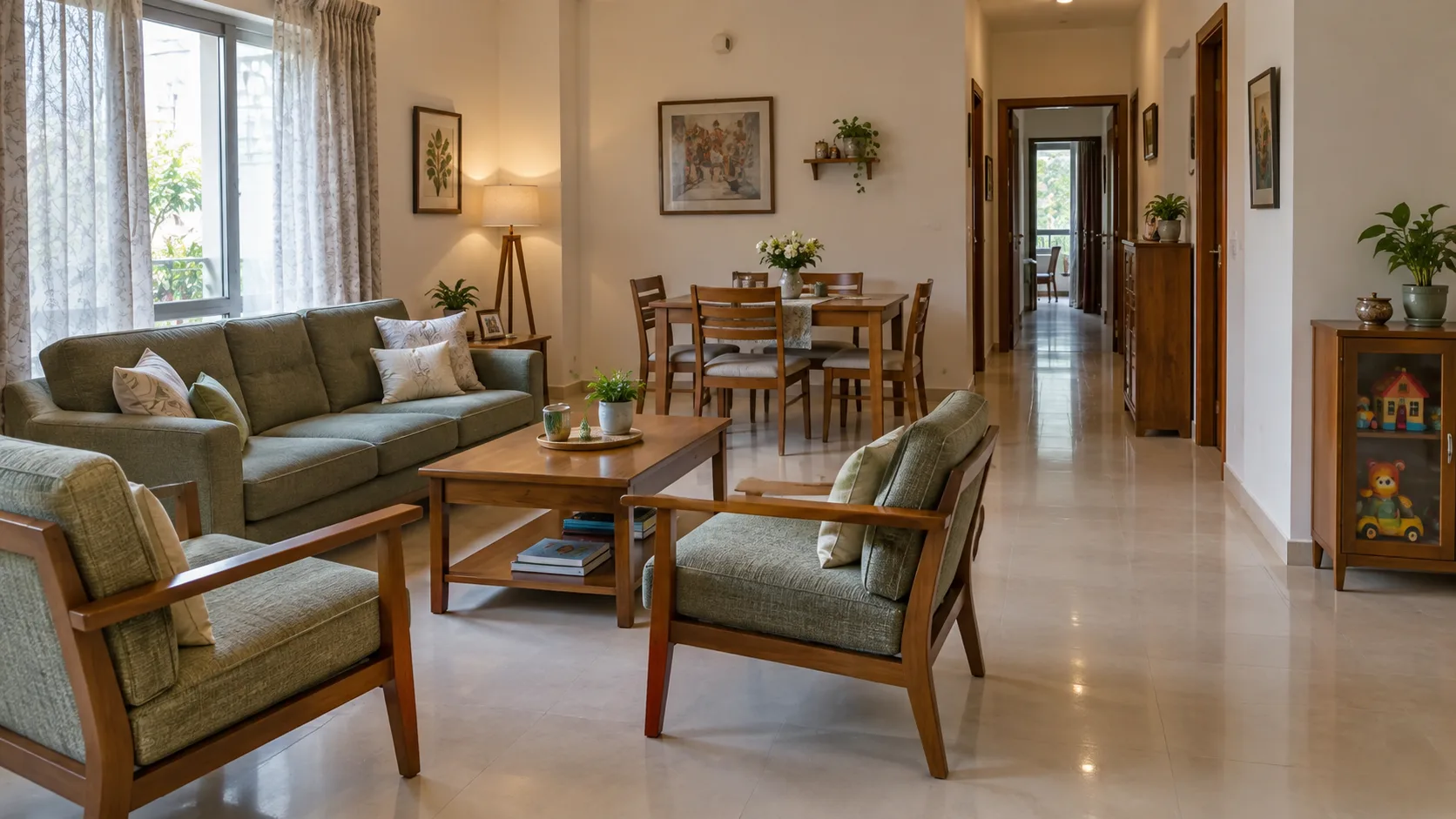 Green sofa and two armchairs beside a dining area, with an open route to the hallway