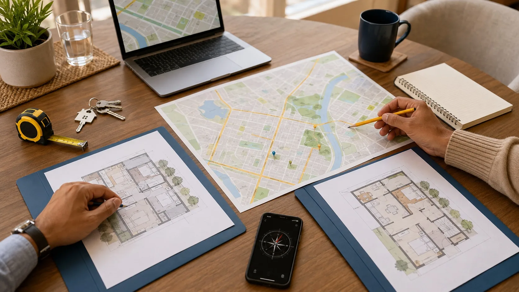 Home buyers comparing neighborhood map floor plans compass keys and property notes before buying