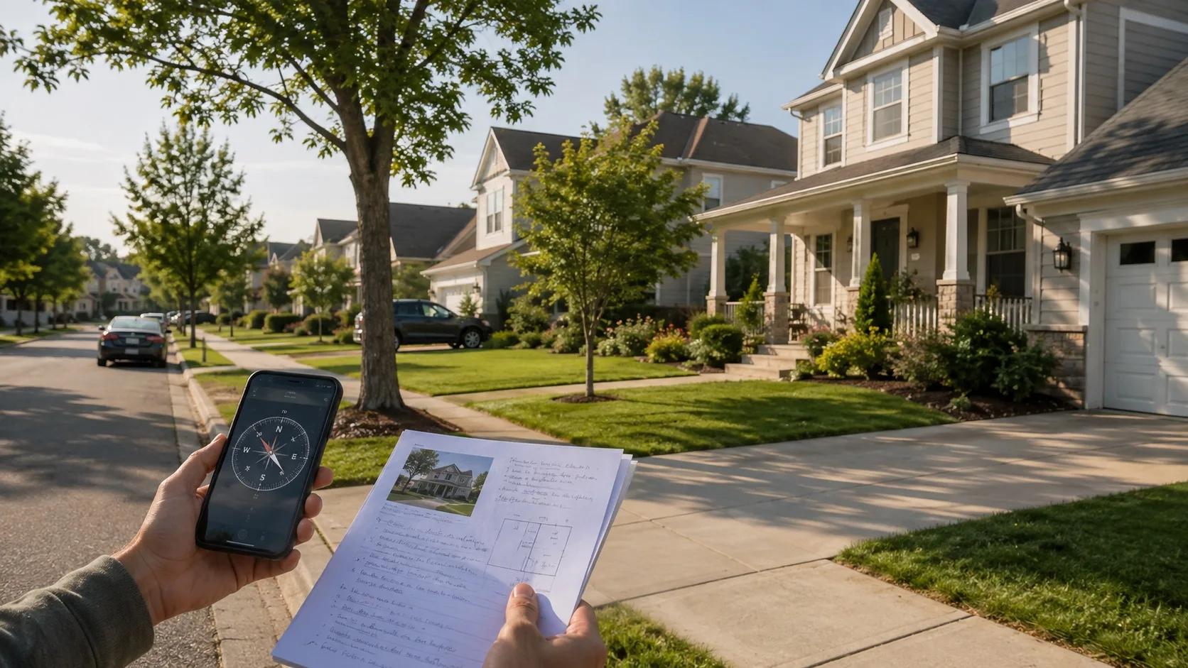 USA home buyer reviewing a neighborhood street approach with phone compass and property notes