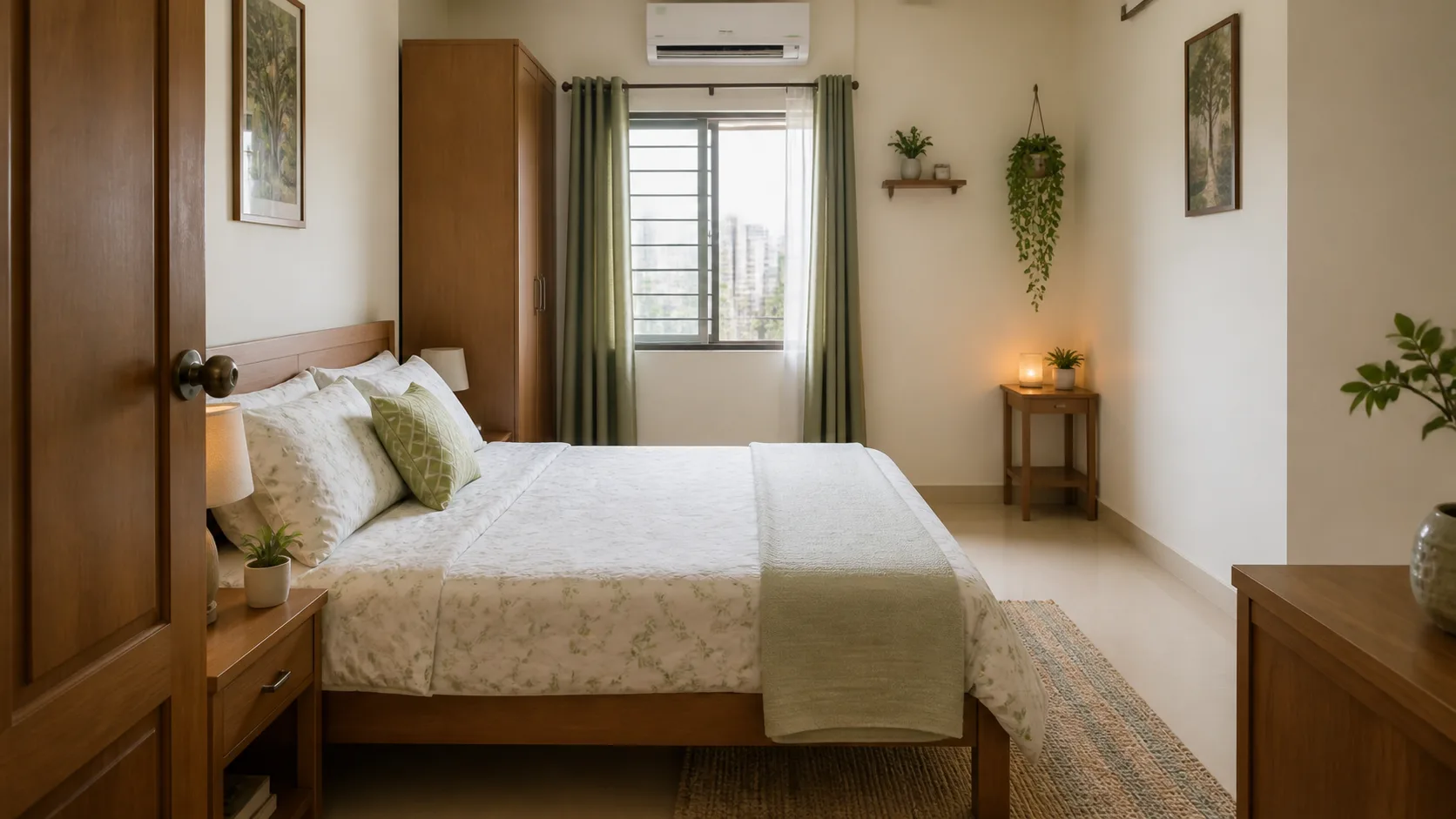 Realistic Indian apartment bedroom arranged with a clear light corner and calm bed placement for north-east bedroom Vastu
