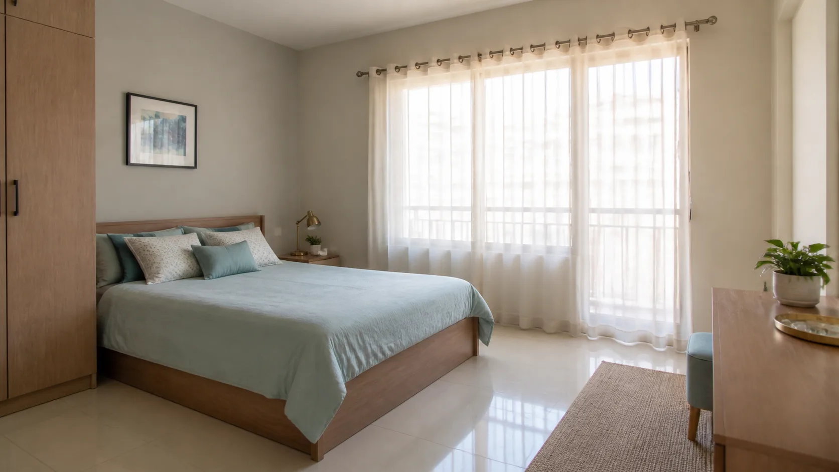 Realistic Indian bedroom with pale colours, clear floor space and light storage as a north-east bedroom Vastu remedy