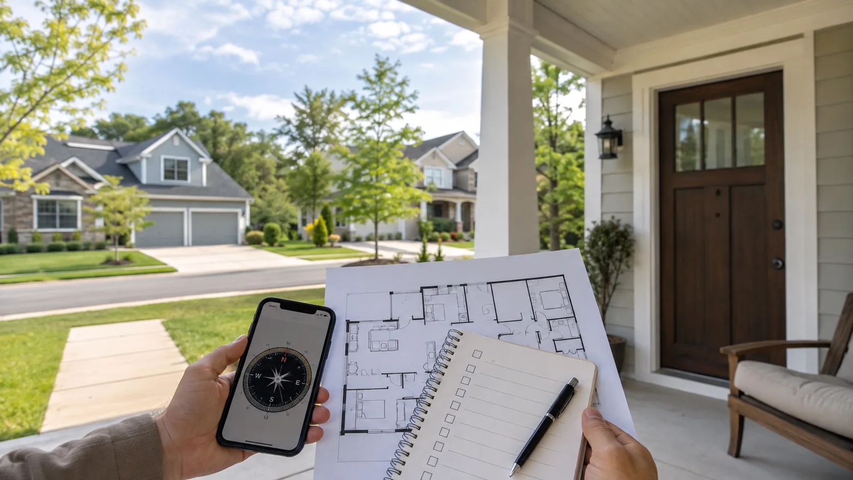Home buyer checking front entry direction with compass floor plan and notebook on a shaded porch
