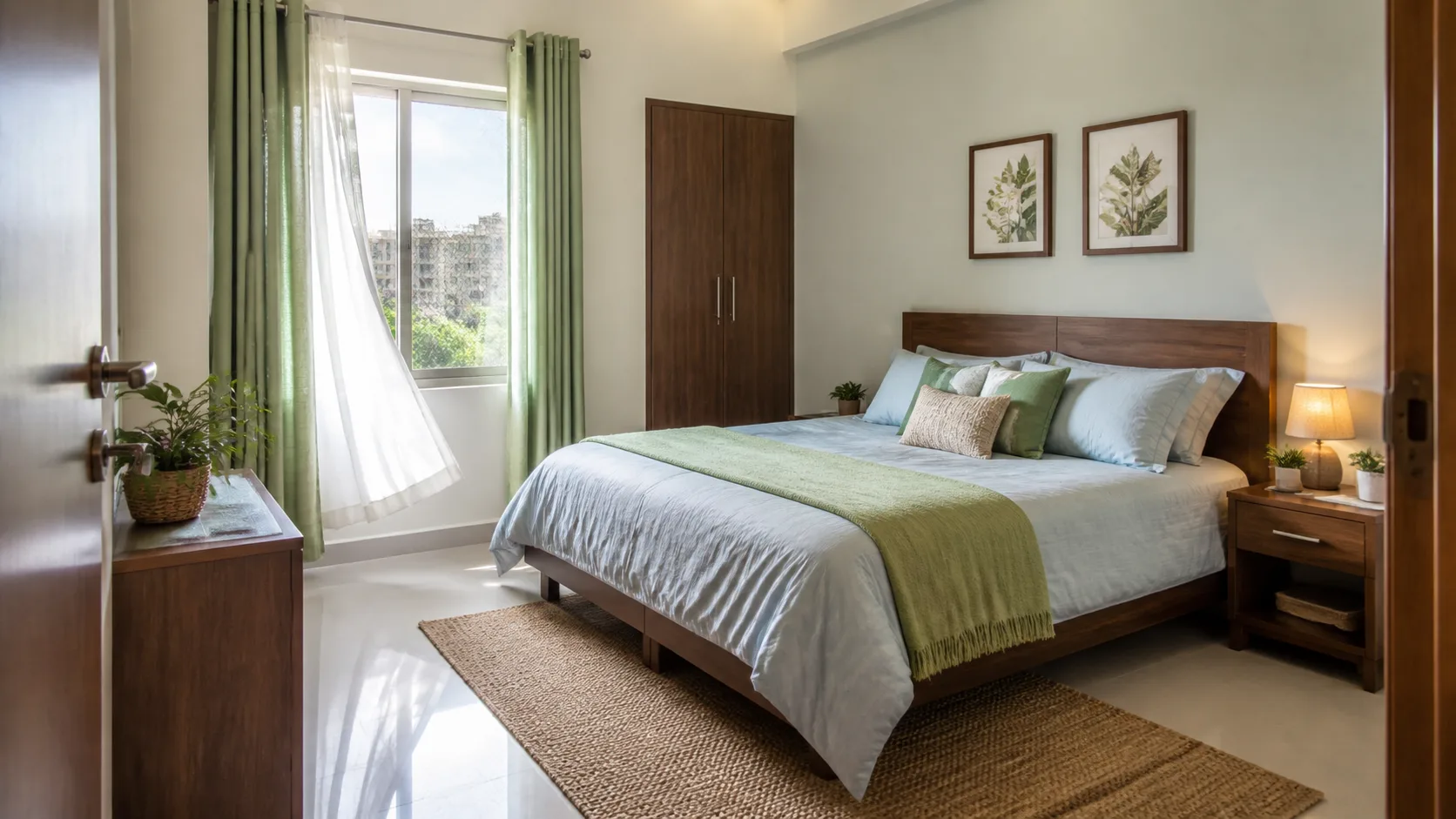 Realistic Indian apartment north-west bedroom with airy window, stable bed placement and calm Vastu-friendly decor