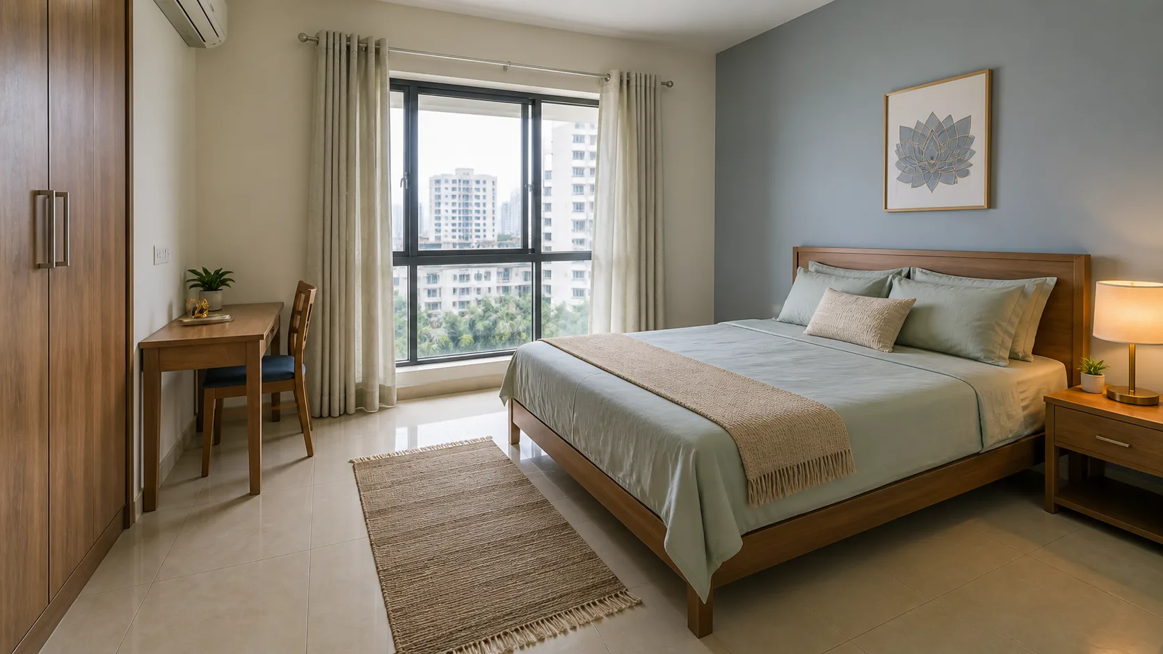 Realistic Indian apartment bedroom with clear pathway, tidy desk and soft curtains as north-west bedroom Vastu remedy