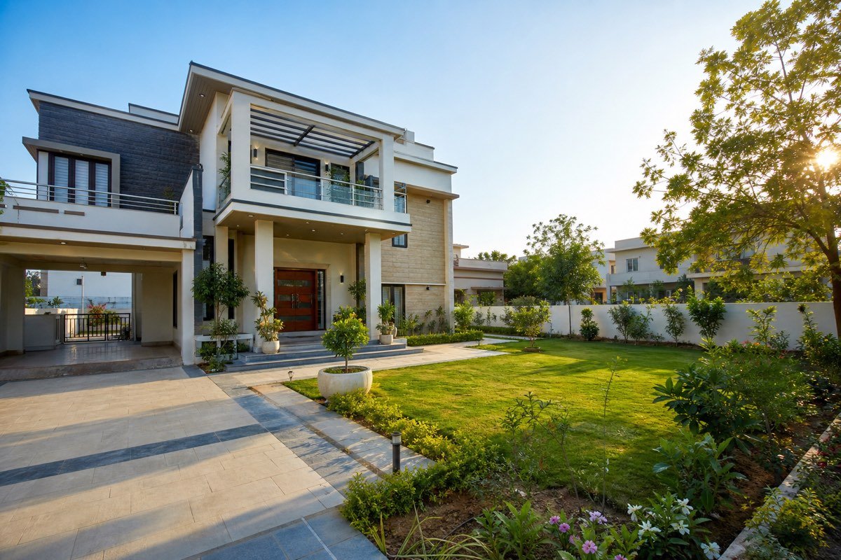 Realistic contemporary Indian north-east facing house with open garden