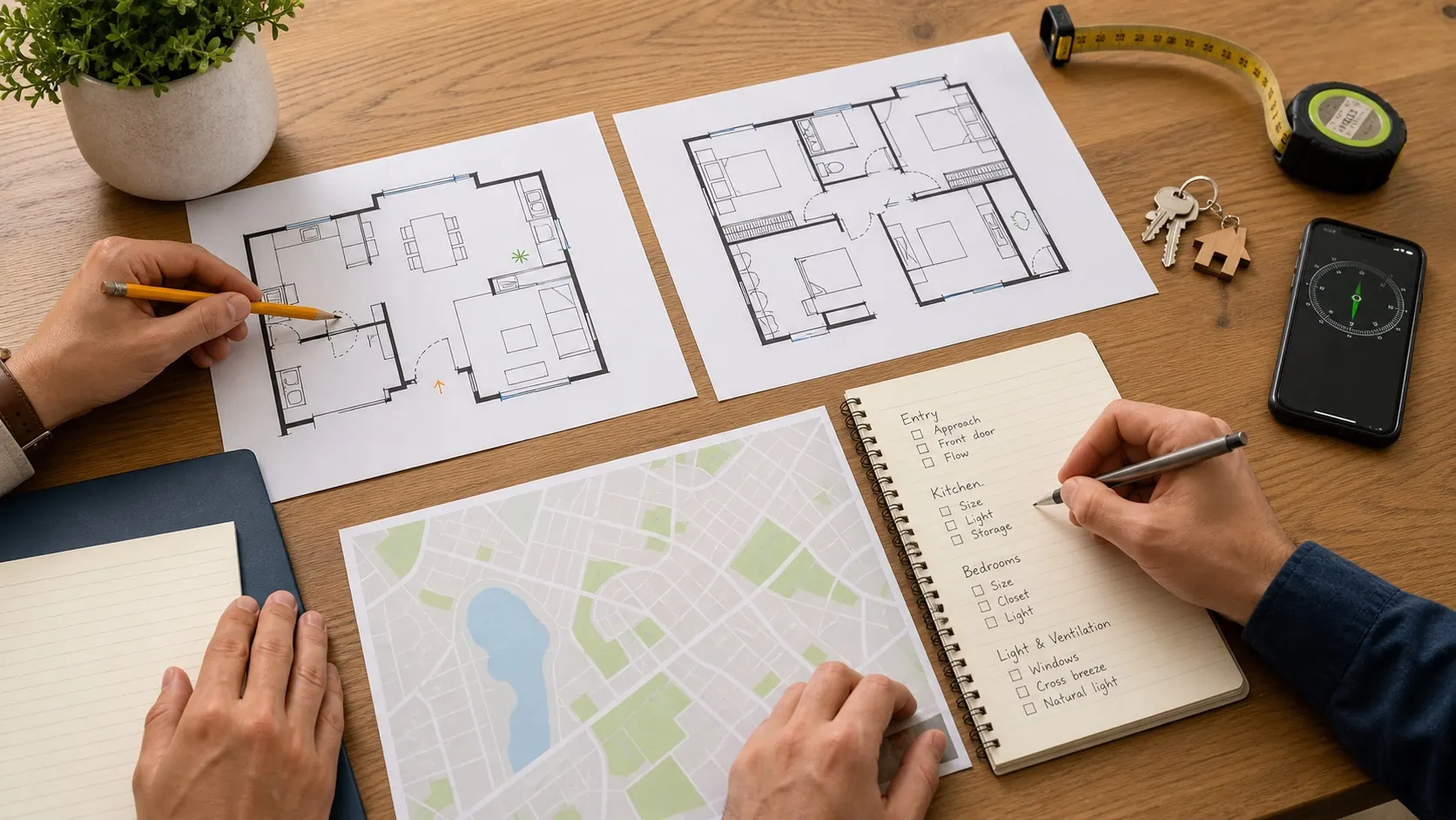 Home buyers comparing floor plans neighborhood map checklist notes keys and phone compass after an open house
