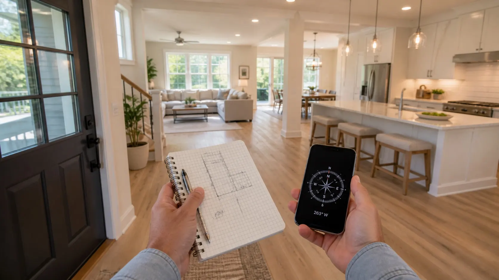 USA home buyer checking entry flow with a notebook and phone compass during an open house walkthrough