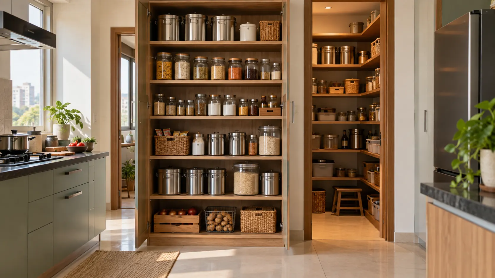 Organised pantry in a modern Indian kitchen with grains, pulses, spices and heavy containers stored on lower shelves