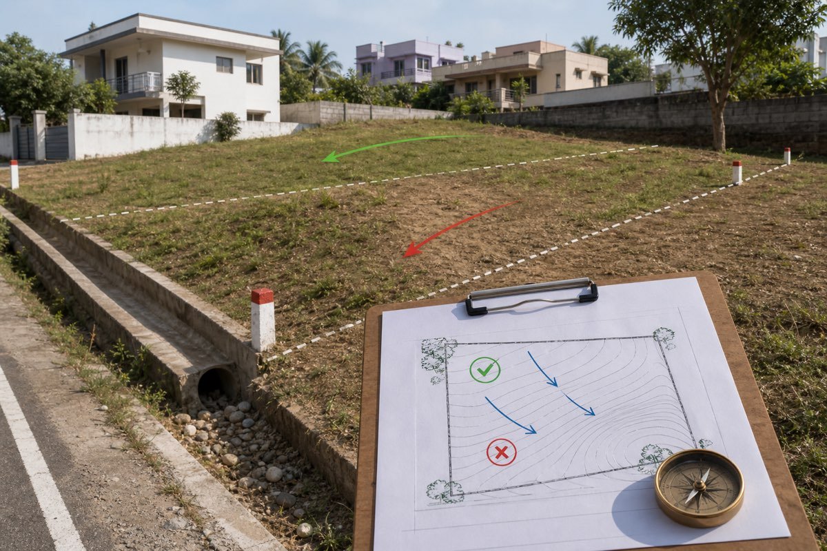 Realistic Indian residential plot showing slope, road level, drainage and compass planning