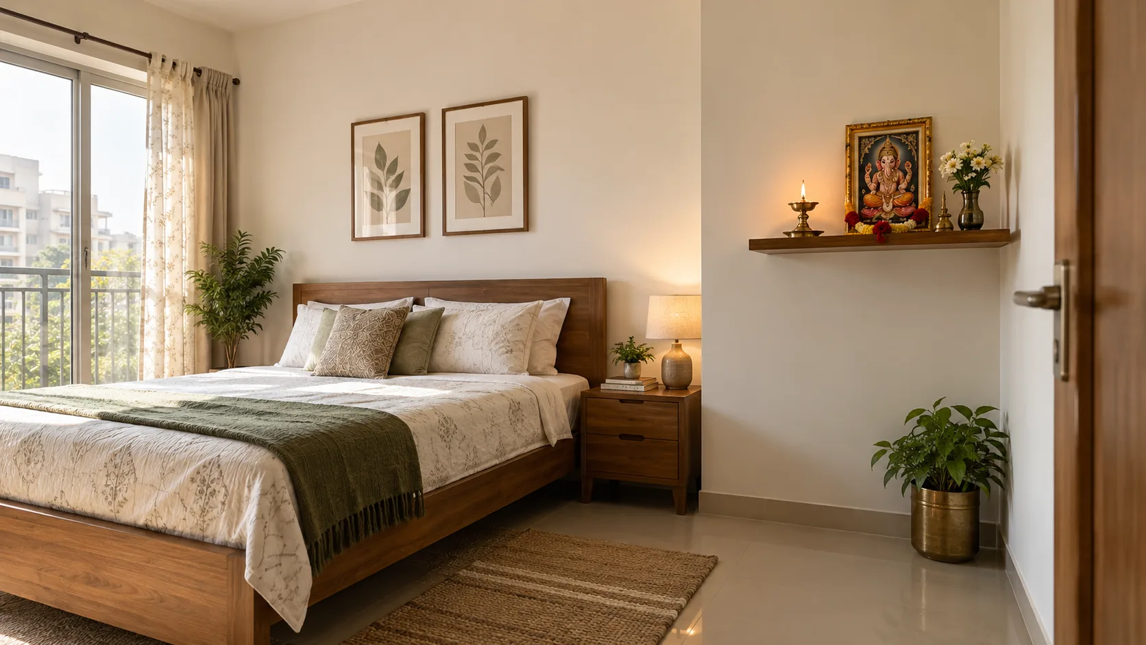 Modern Indian apartment bedroom with a respectful pooja shelf placed on a separate side wall away from the bed
