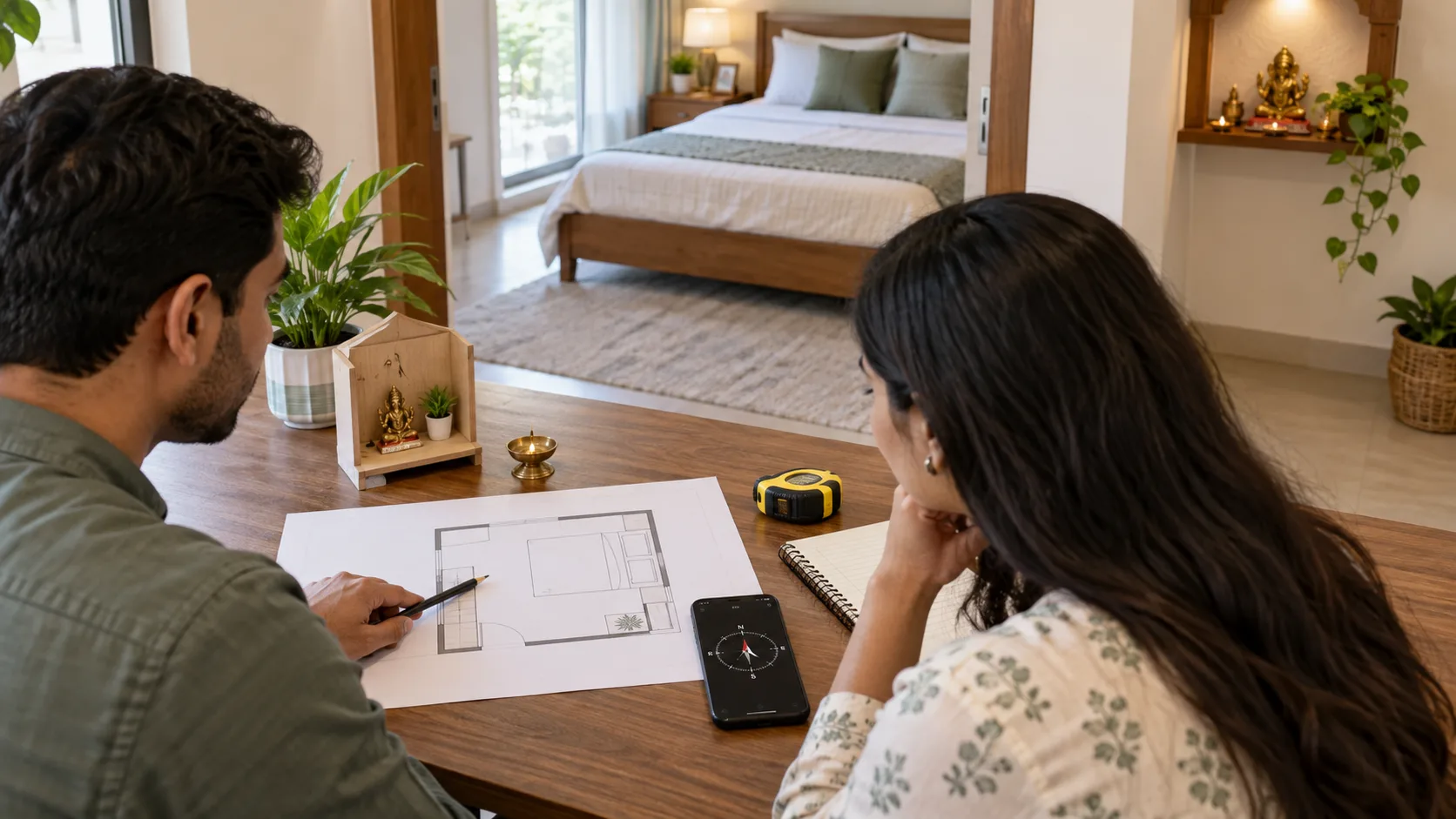 Indian couple reviewing a bedroom plan with a small pooja corner, measuring tape and phone compass