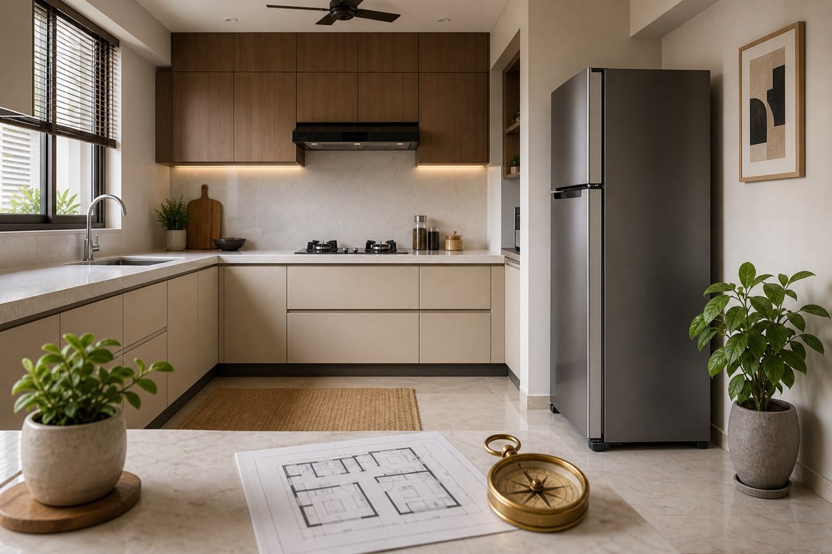 Realistic Indian modular kitchen with refrigerator, floor plan and compass for Refrigerator Vastu guidance