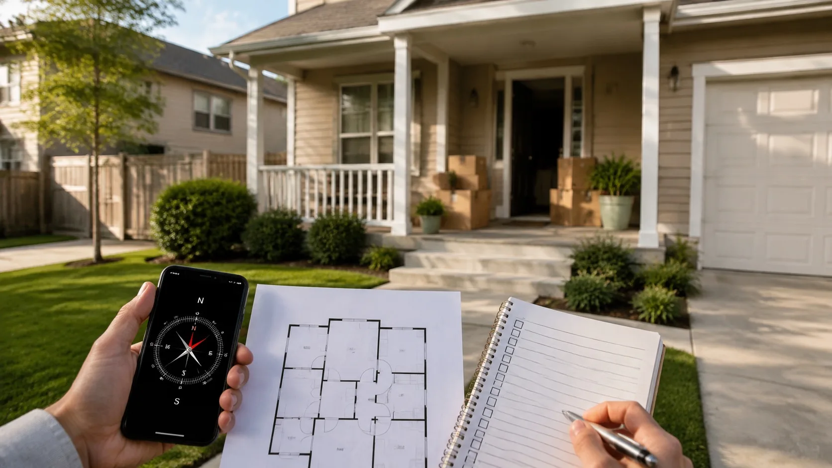 Relocating home buyer checking a rental home entrance with compass floor plan and lease notes