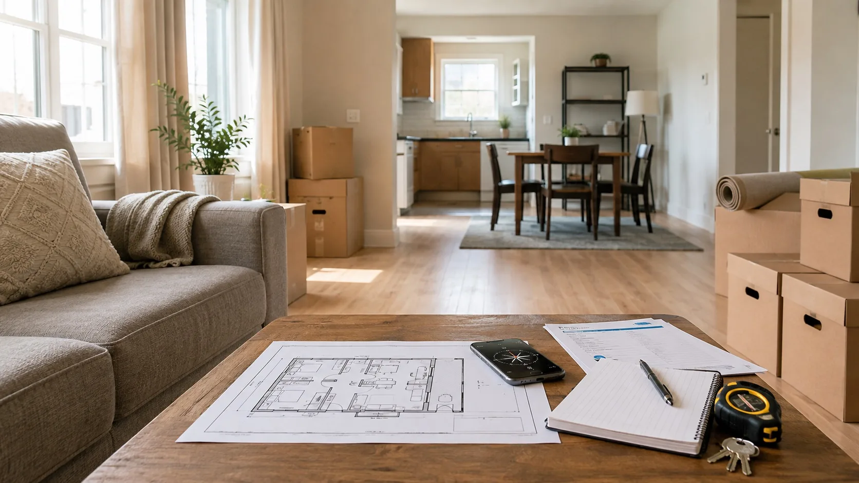 Rental home interior with floor plan compass lease checklist moving boxes and clear living room flow