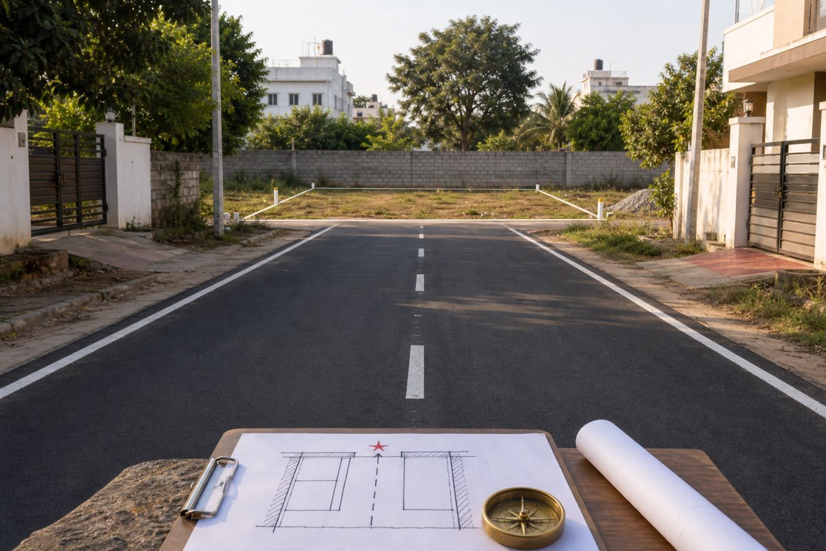 Realistic Indian road-hitting residential plot with straight road alignment and planning compass