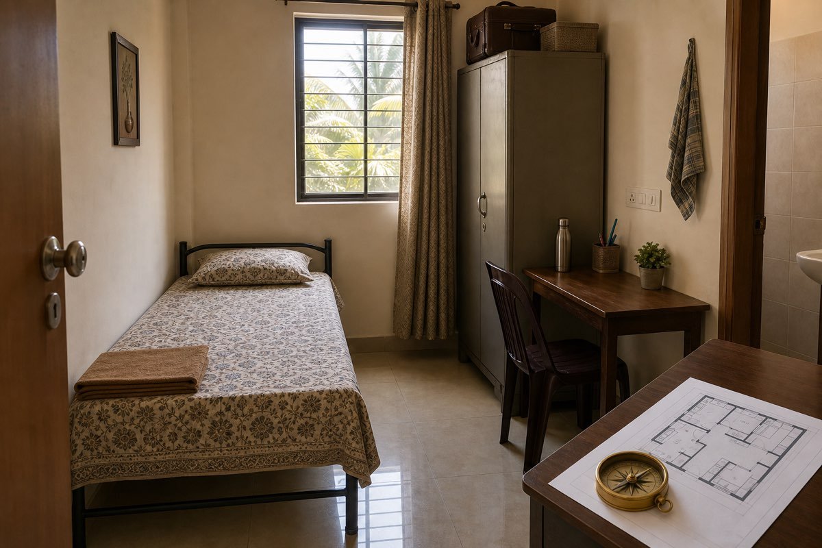 Realistic clean Indian servant room with bed, wardrobe, window, floor plan and compass
