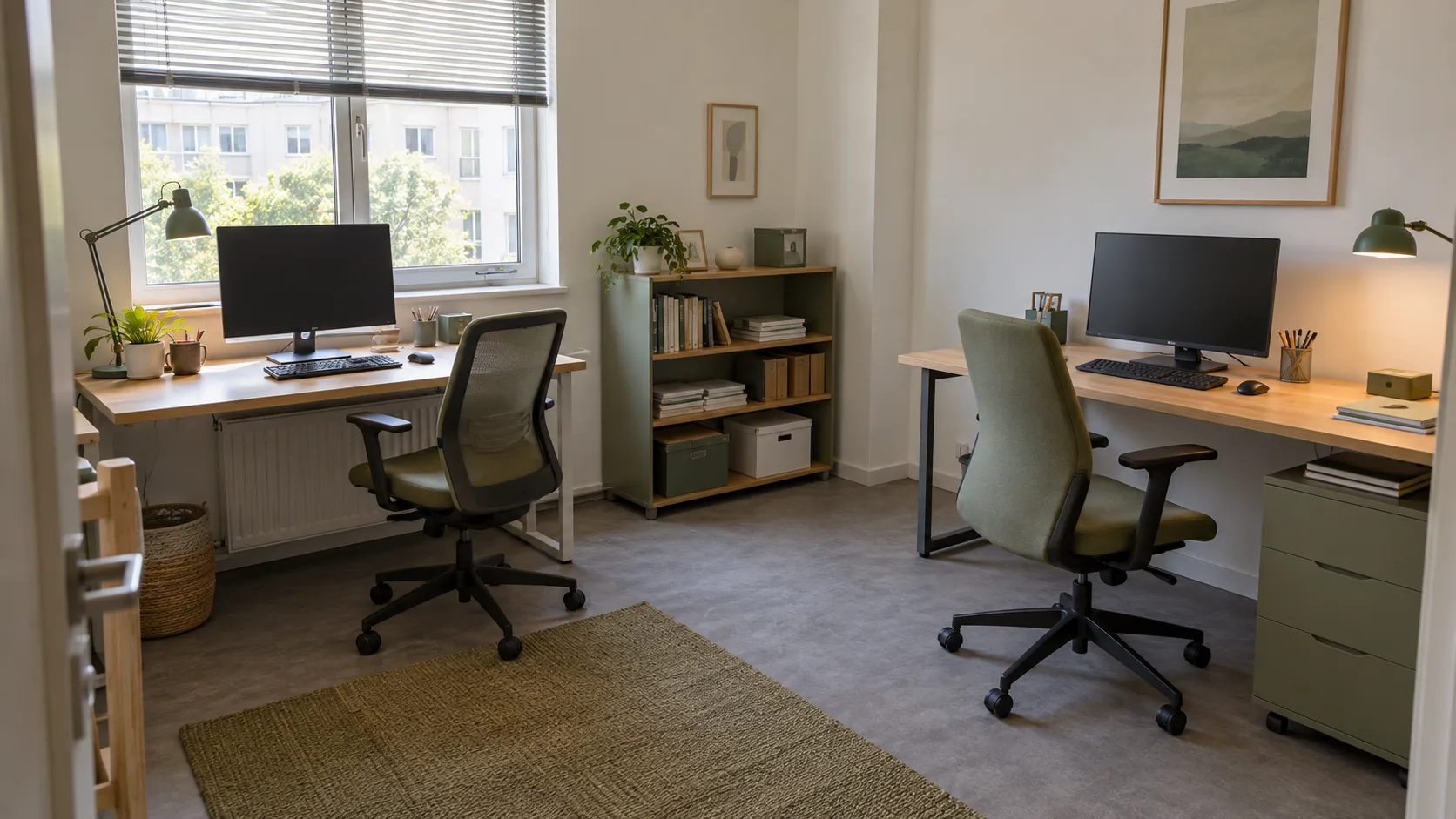 Two desks on perpendicular walls with separate chairs and a low bookcase between them