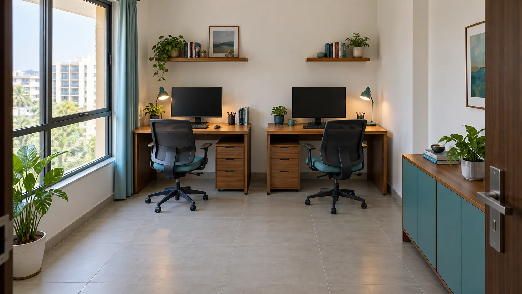 Two separate wooden desks with monitors and adjustable chairs beside a large window