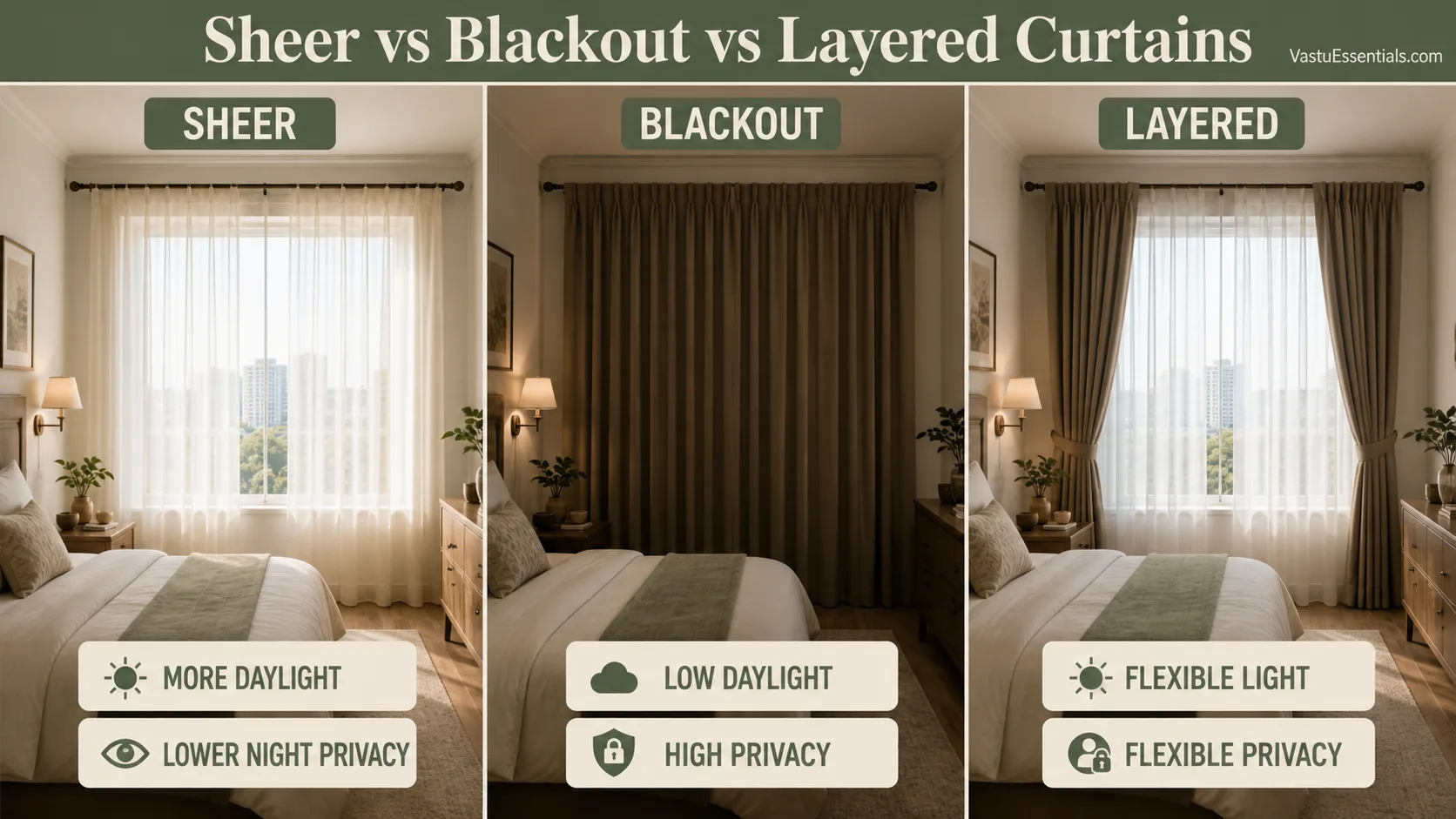 Three realistic matching bedrooms comparing labelled sheer, blackout and layered curtain effects on daylight and privacy