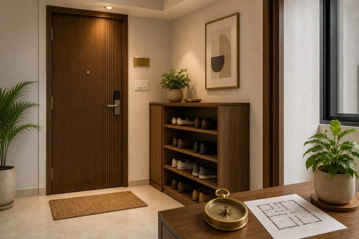 Clean Indian apartment entrance with wooden shoe rack main door plant floor plan and compass